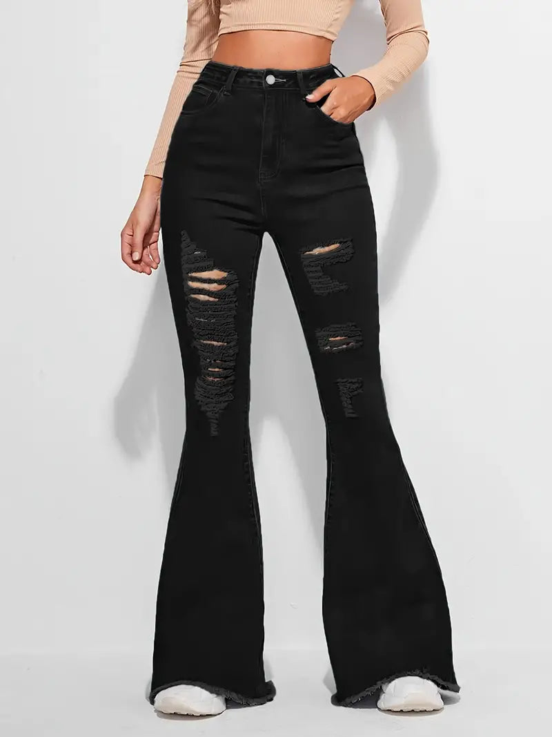 High Rise Distressed Denim Flared Bell Bottom Jeans