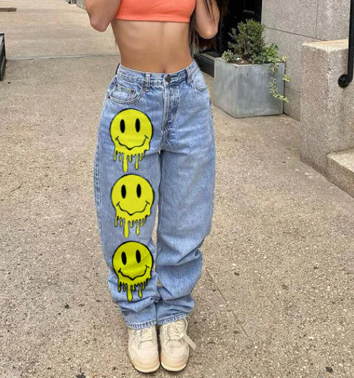 High Rise Denim Jeans with Applique and Slash Pockets