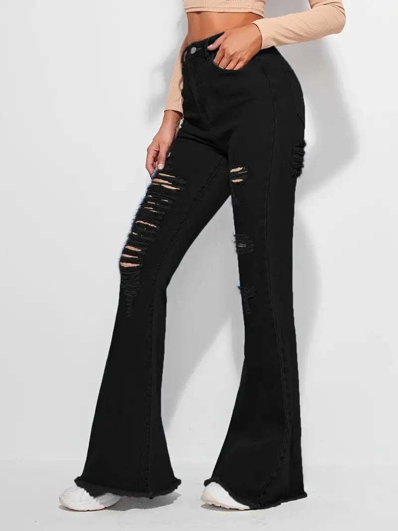 High Rise Distressed Denim Flared Bell Bottom Jeans