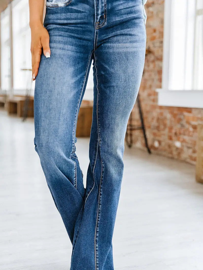 High Waisted Flared Denim Jeans with Slash Pockets
