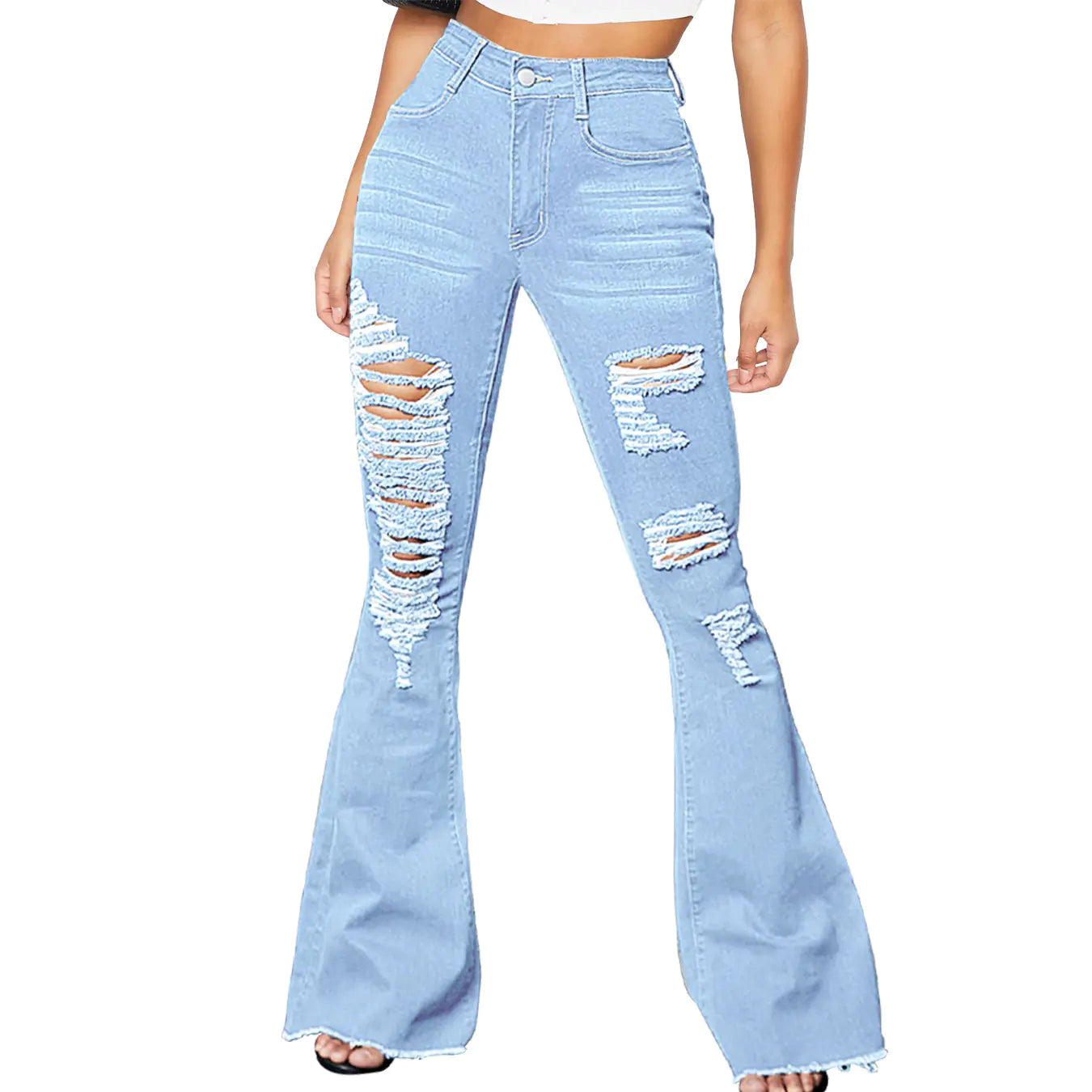 High Rise Distressed Denim Flared Bell Bottom Jeans