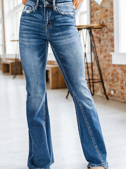 High Waisted Flared Denim Jeans with Slash Pockets