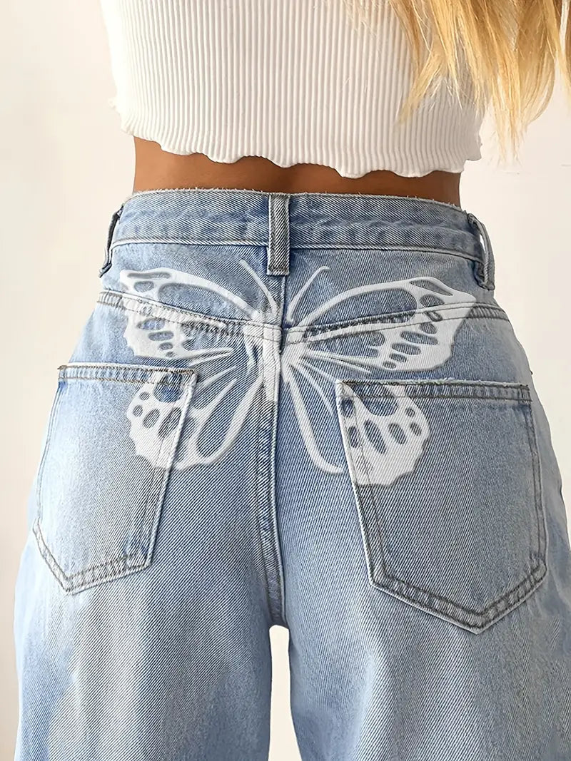 High Rise Butterfly Print Denim Jeans - Loose Fit