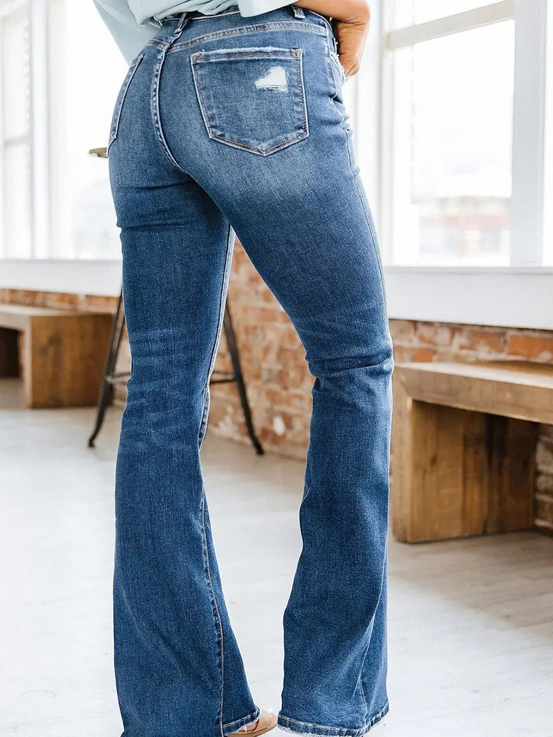 High Waisted Flared Denim Jeans with Slash Pockets