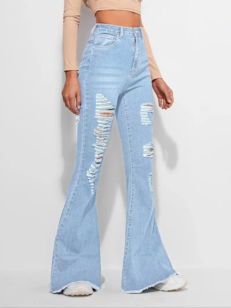 High Rise Distressed Denim Flared Bell Bottom Jeans