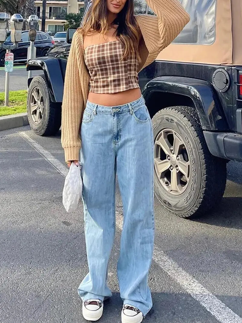 Light Blue High Waist Wide Leg Jeans for Women