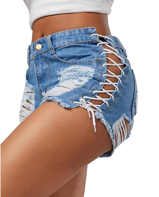 Denim Hot Pants with Eyelet Lace-Up Detail For Women