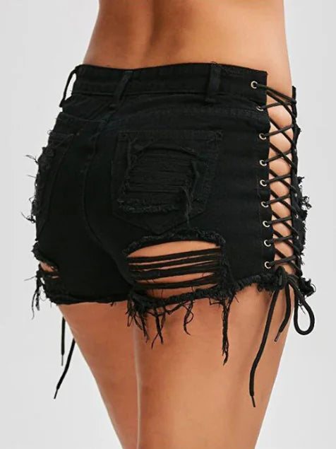Denim Hot Pants with Eyelet Lace-Up Detail For Women