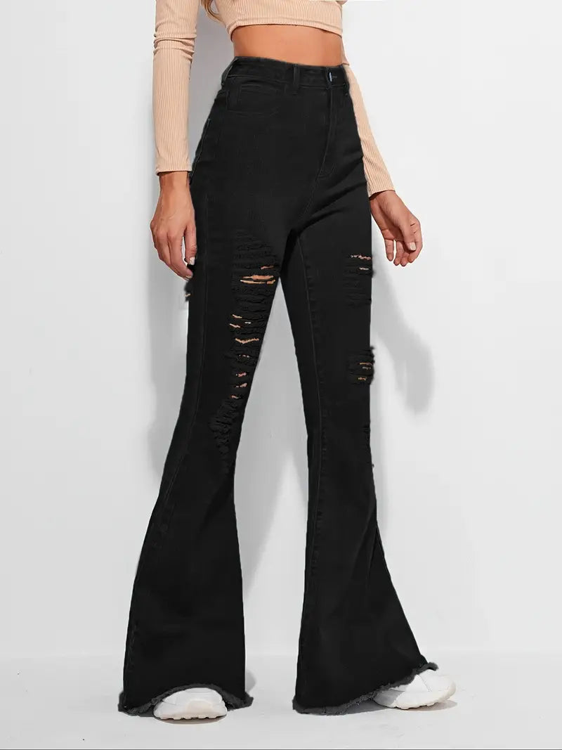 High Rise Distressed Denim Flared Bell Bottom Jeans
