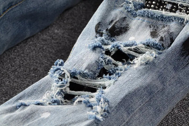 TRENDAMIRI 626 Rhinestone Ripped Denim Skinny Pants
