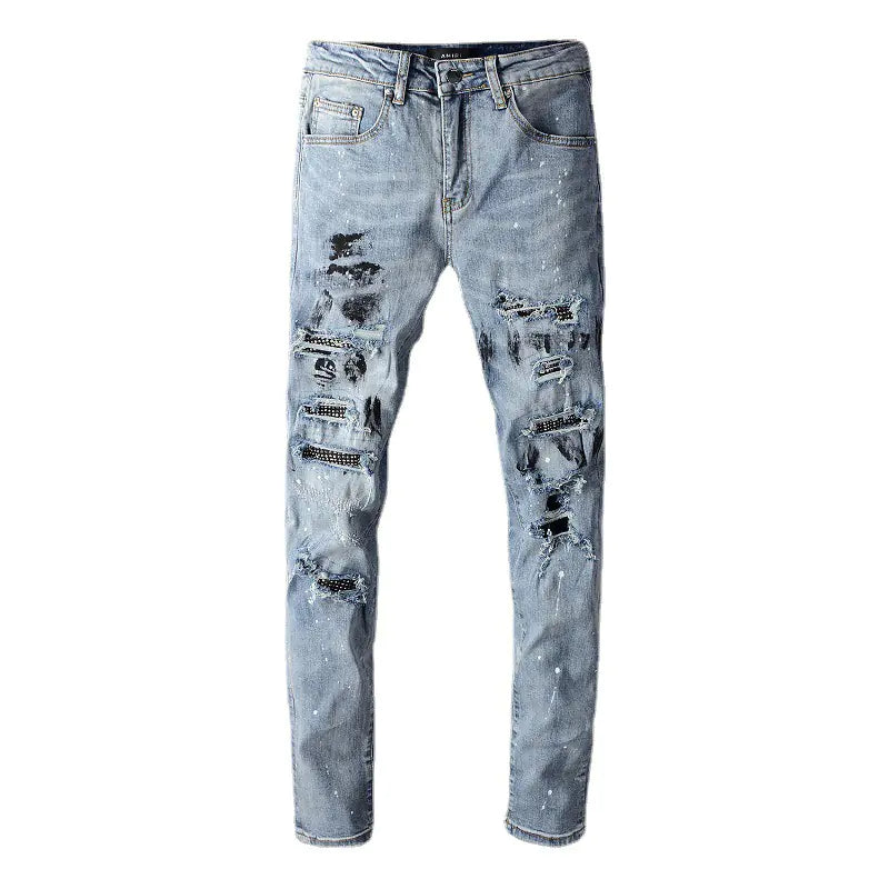 TRENDAMIRI 626 Rhinestone Ripped Denim Skinny Pants