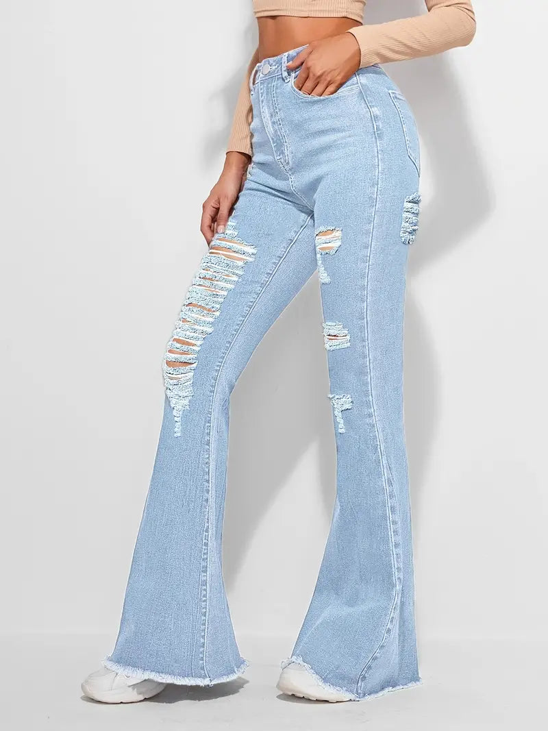 High Rise Distressed Denim Flared Bell Bottom Jeans