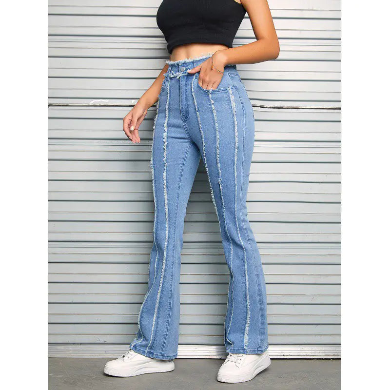 Slightly Flared Wool Edge Denim Jeans For Women