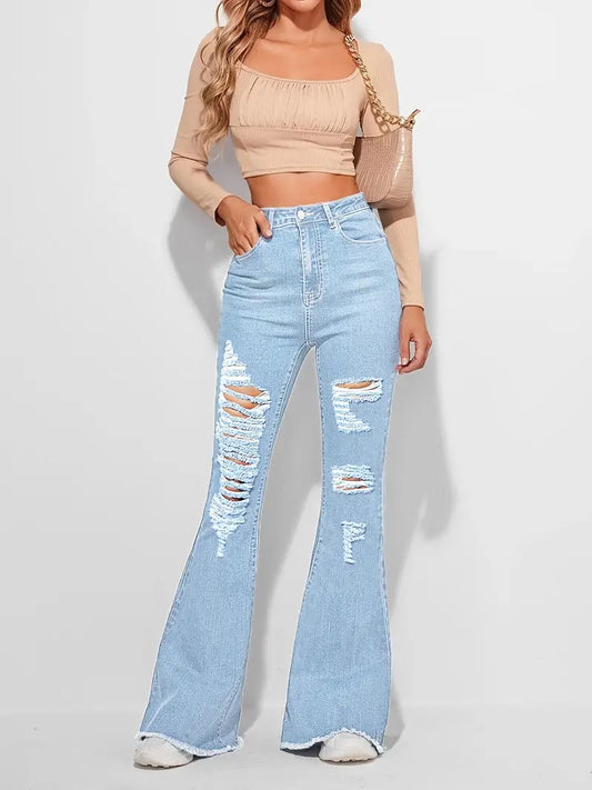 High Rise Distressed Denim Flared Bell Bottom Jeans