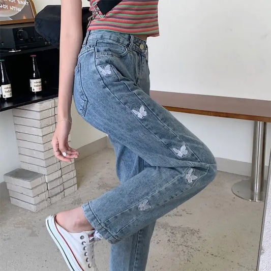 Butterfly Embroidered Loose Straight Jeans for Women