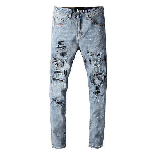 TRENDAMIRI 626 Rhinestone Ripped Denim Skinny Pants