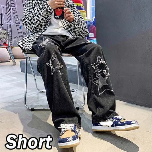 Retro Men's Loose Straight Jeans with Streetwear Print