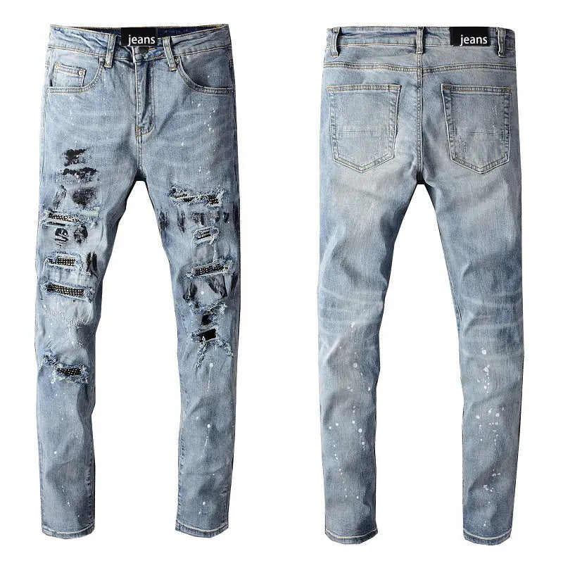 TRENDAMIRI 626 Rhinestone Ripped Denim Skinny Pants