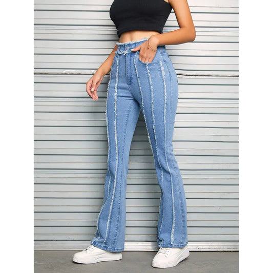 Slightly Flared Wool Edge Denim Jeans For Women