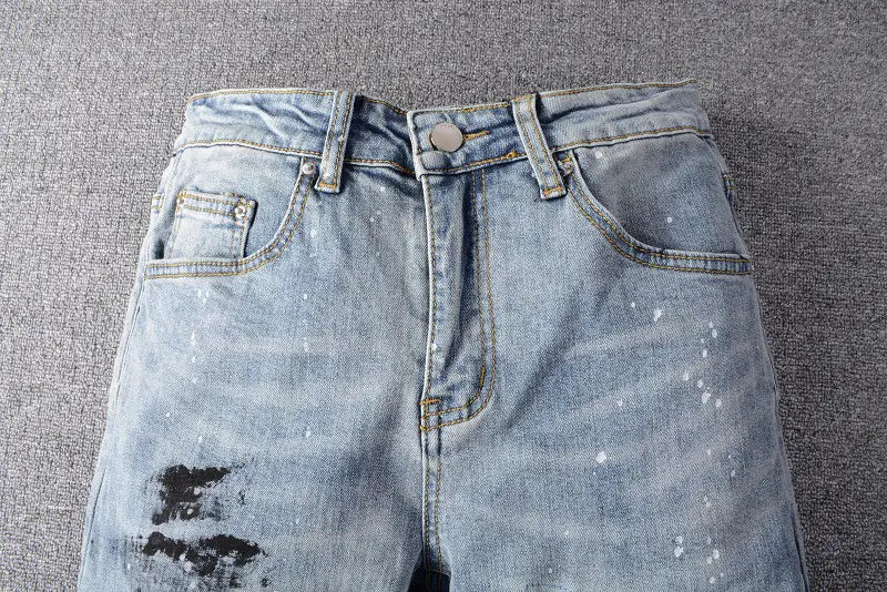 TRENDAMIRI 626 Rhinestone Ripped Denim Skinny Pants
