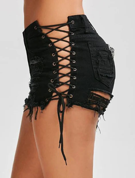 Denim Hot Pants with Eyelet Lace-Up Detail For Women