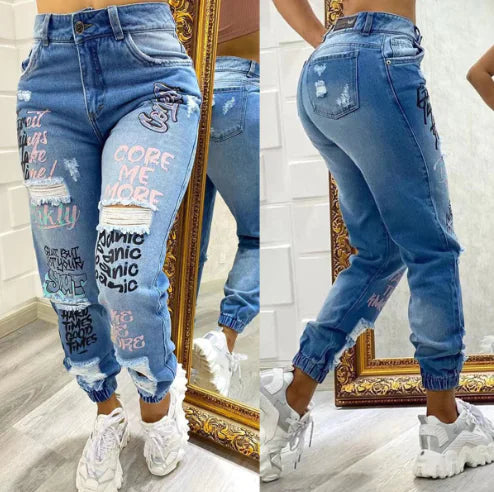 New Letter Print Ripped Slim Jeans for Women