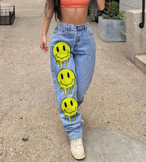High Rise Denim Jeans with Applique and Slash Pockets