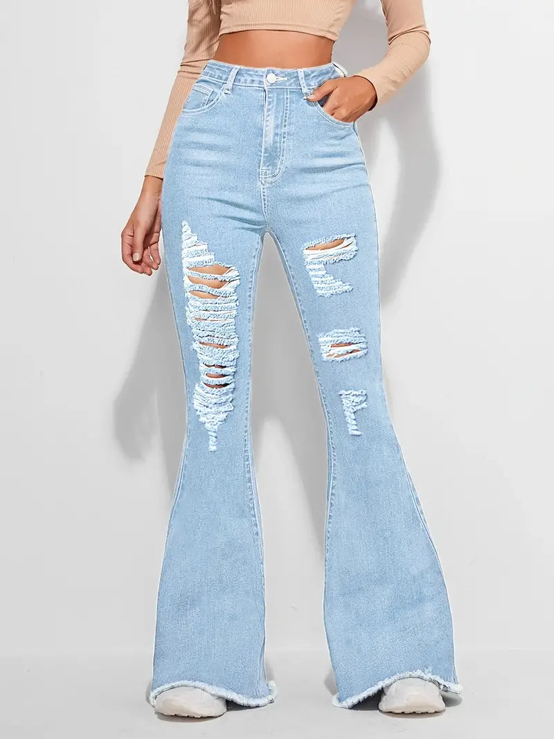 High Rise Distressed Denim Flared Bell Bottom Jeans