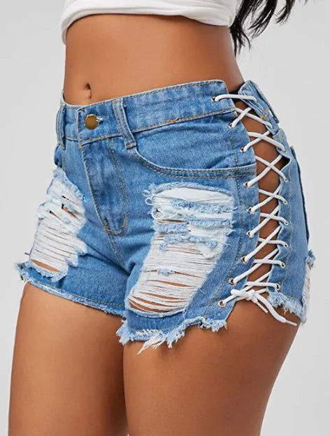 Denim Hot Pants with Eyelet Lace-Up Detail For Women