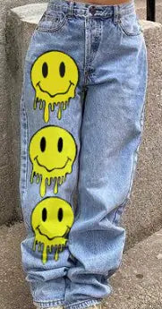 High Rise Denim Jeans with Applique and Slash Pockets