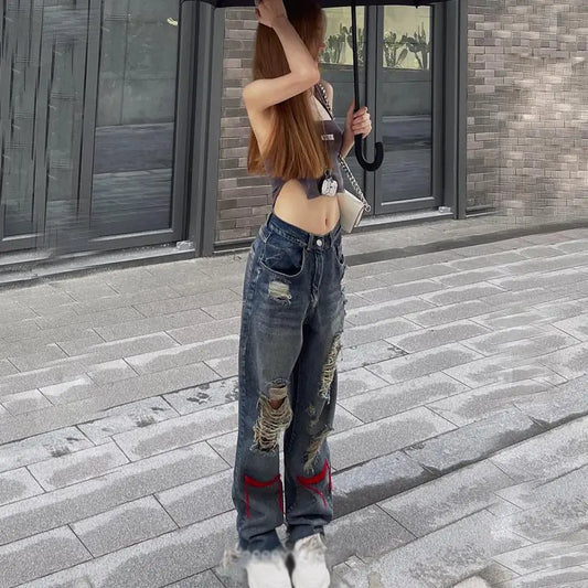 Denim High Street Casual Straight Pants for Women