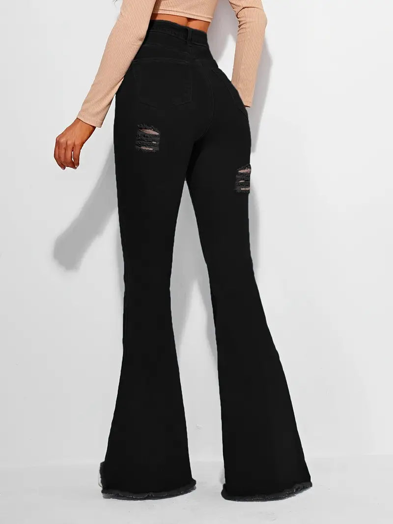 High Rise Distressed Denim Flared Bell Bottom Jeans