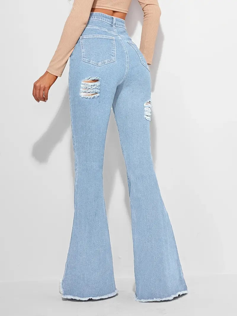 High Rise Distressed Denim Flared Bell Bottom Jeans