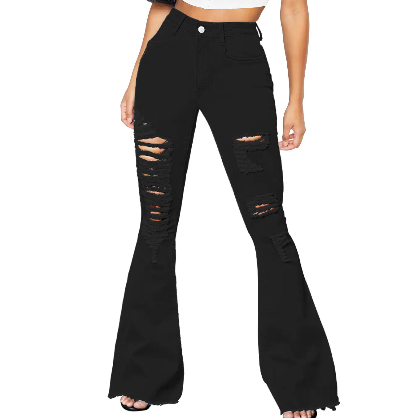 High Rise Distressed Denim Flared Bell Bottom Jeans