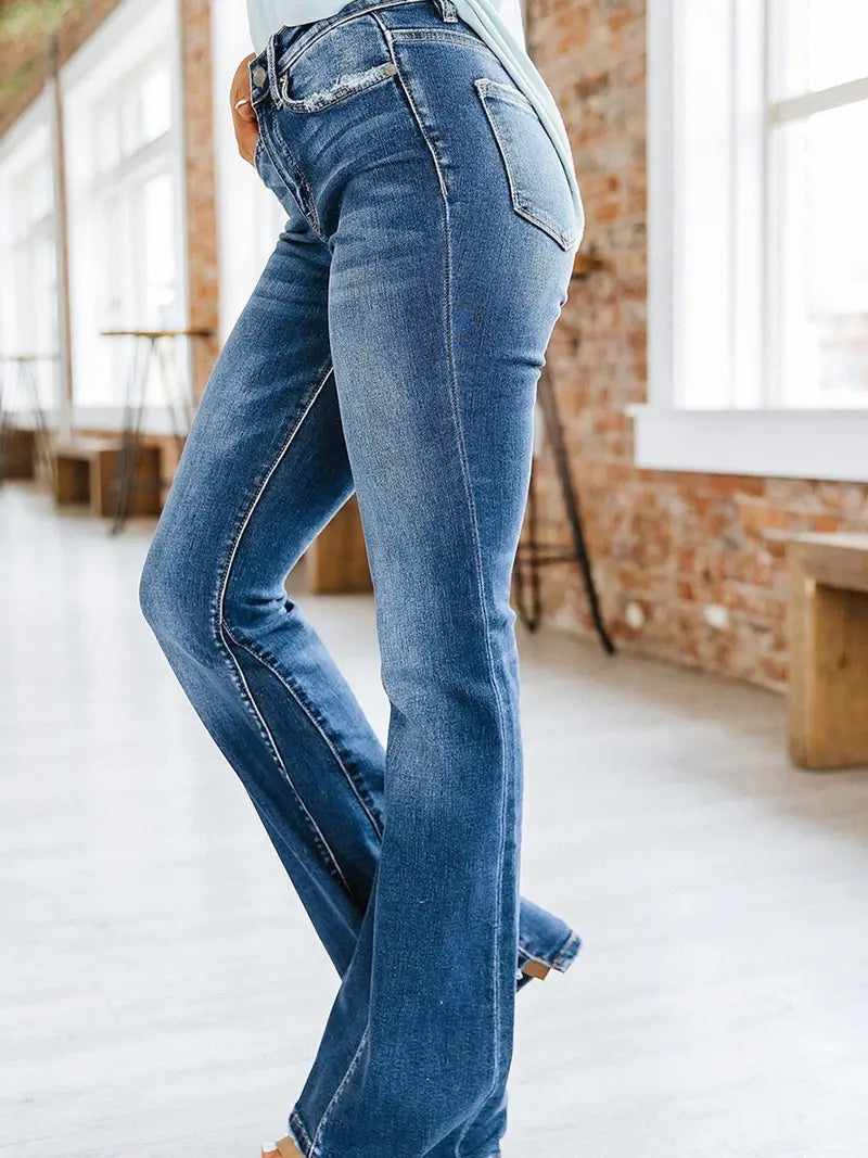 High Waisted Flared Denim Jeans with Slash Pockets